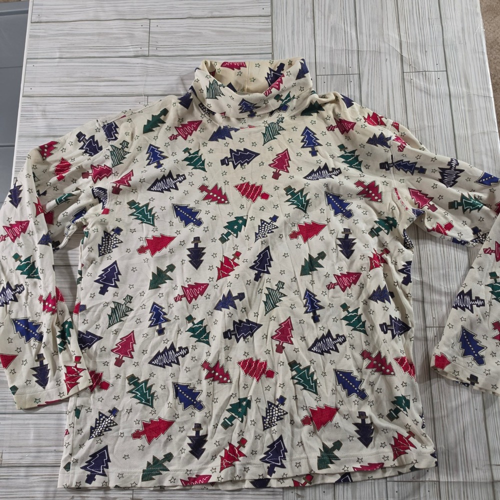 Talbots Womens M Christmas Tree Print Turtleneck Long Sleeve Cotton Holiday Top